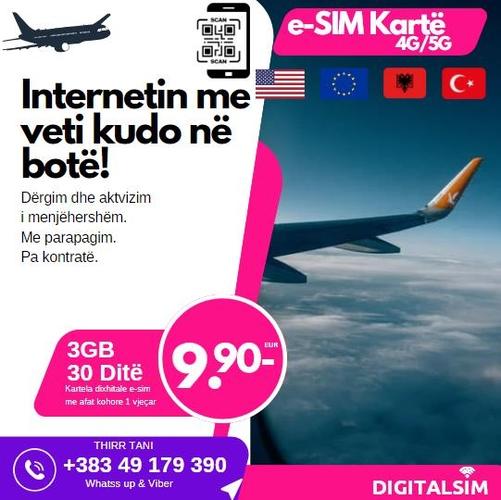 KARTELA TELEFONI PER INTERNET NE TE GJITHE BOTEN (e-sim) 